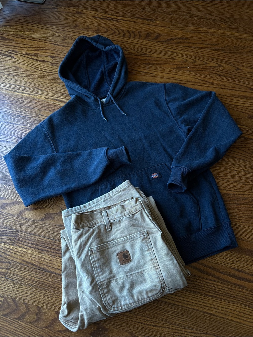 Dickies Navy Pullover Hoodie with Tan Work Pants